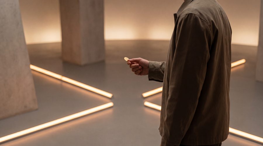 Person at a glowing crossroads about to flip a coin