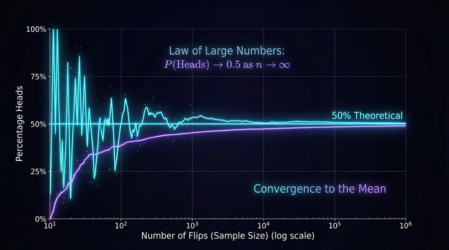 Elegant data visualization showing coin flip results converging to 50%